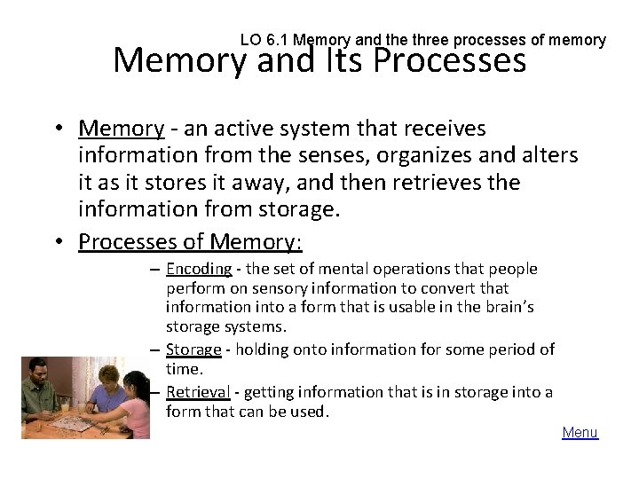 LO 6. 1 Memory and the three processes of memory Memory and Its Processes