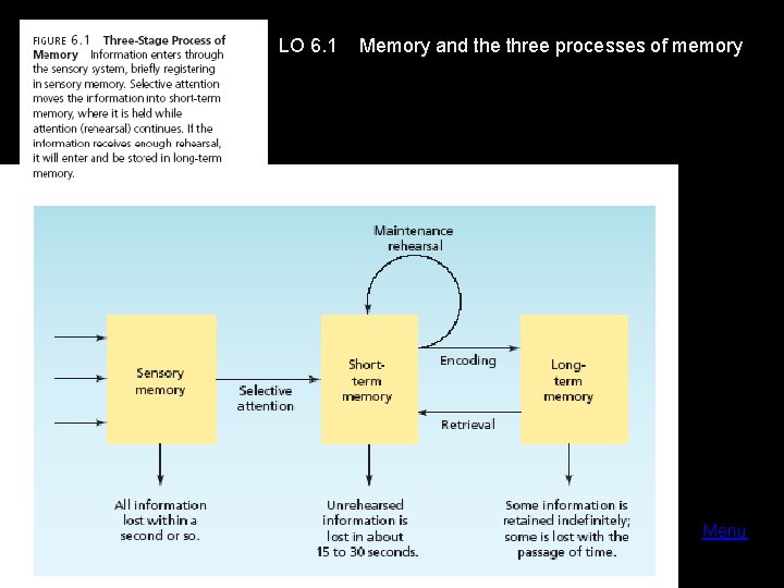 LO 6. 1 Memory and the three processes of memory Menu 
