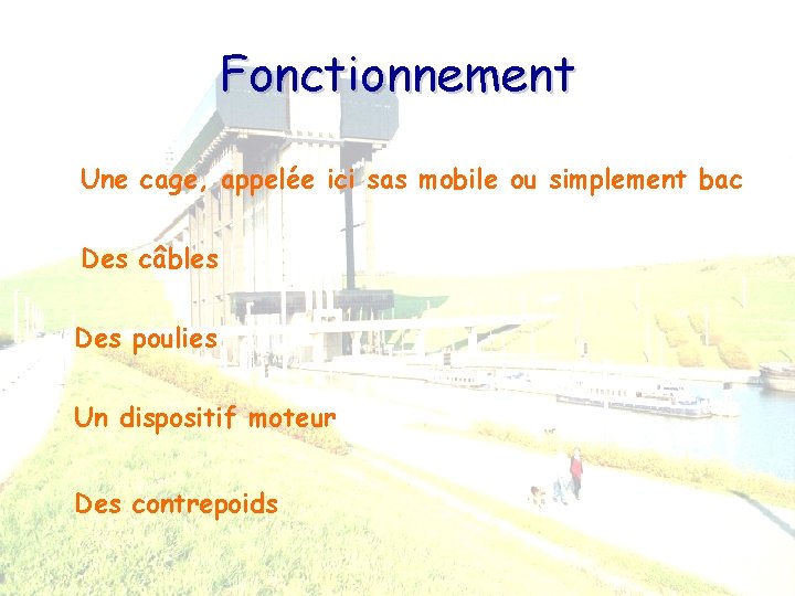 Fonctionnement Une cage, appelée ici sas mobile ou simplement bac Des câbles Des poulies