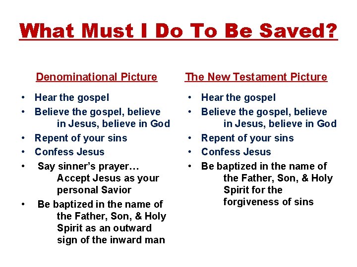 What Must I Do To Be Saved? Denominational Picture • Hear the gospel •