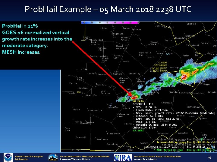 Prob. Hail Example – 05 March 2018 2238 UTC Prob. Hail = 11% GOES-16