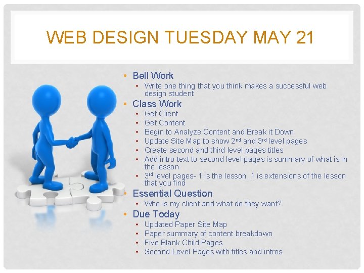 WEB DESIGN TUESDAY MAY 21 • Bell Work • Write one thing that you