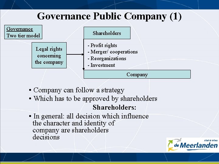 Governance Public Company (1) Governance Two tier model Legal rights concerning the company Shareholders