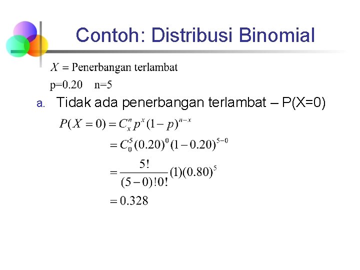 Contoh: Distribusi Binomial a. Tidak ada penerbangan terlambat – P(X=0) 