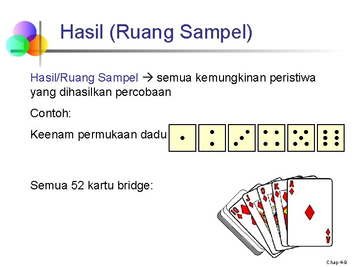 Hasil (Ruang Sampel) Hasil/Ruang Sampel semua kemungkinan peristiwa yang dihasilkan percobaan Contoh: Keenam permukaan