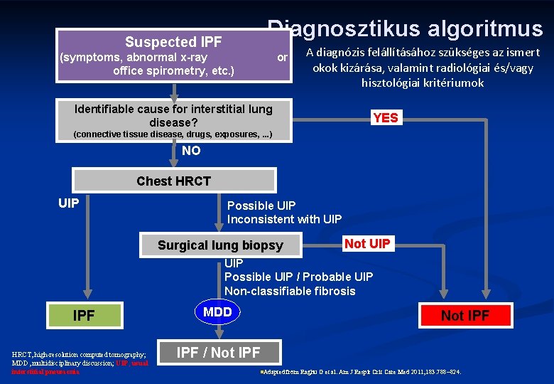 Diagnosztikus algoritmus Suspected IPF (symptoms, abnormal x-ray office spirometry, etc. ) or A diagnózis