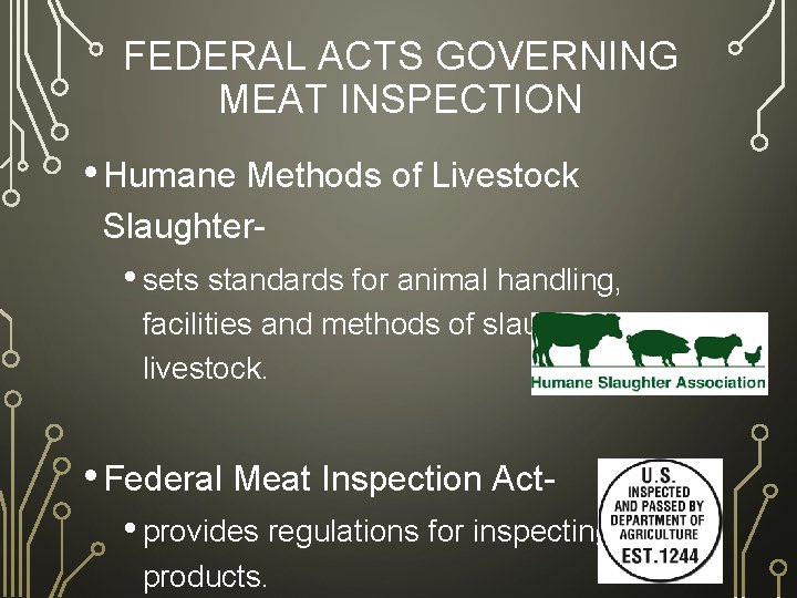 FEDERAL ACTS GOVERNING MEAT INSPECTION • Humane Methods of Livestock Slaughter- • sets standards