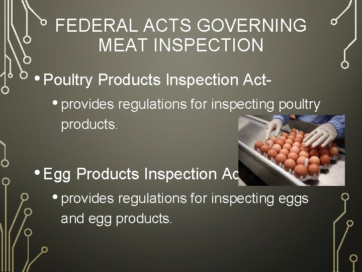 FEDERAL ACTS GOVERNING MEAT INSPECTION • Poultry Products Inspection Act • provides regulations for