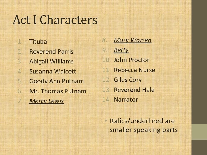 Act I Characters 1. 2. 3. 4. 5. 6. 7. Tituba Reverend Parris Abigail