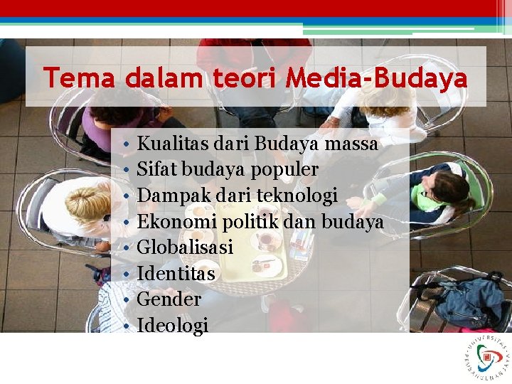 Tema dalam teori Media-Budaya • • Kualitas dari Budaya massa Sifat budaya populer Dampak