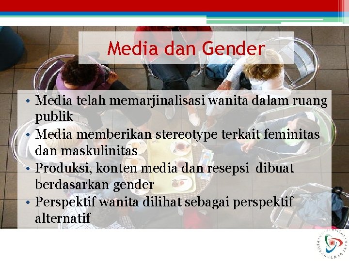 Media dan Gender • Media telah memarjinalisasi wanita dalam ruang publik • Media memberikan