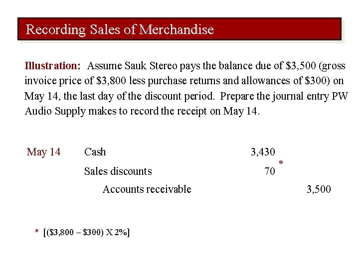 Recording Sales of Merchandise Illustration: Assume Sauk Stereo pays the balance due of $3,