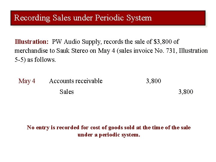 Recording Sales under Periodic System Illustration: PW Audio Supply, records the sale of $3,