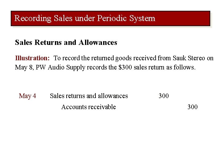 Recording Sales under Periodic System Sales Returns and Allowances Illustration: To record the returned