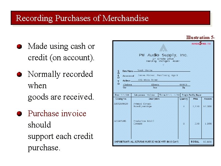 Recording Purchases of Merchandise Made using cash or credit (on account). Normally recorded when