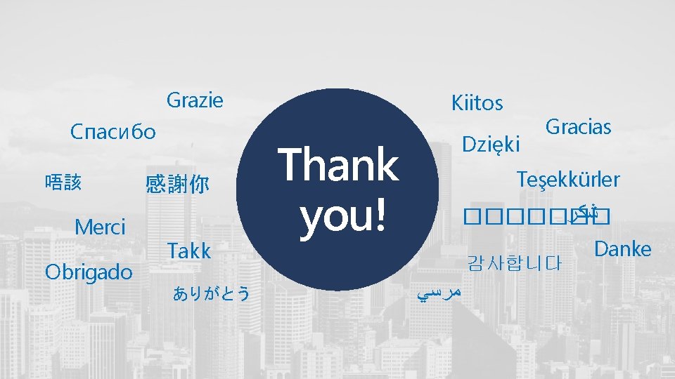 Grazie Спасибо 唔該 Merci Obrigado 感謝你 Takk ありがとう Kiitos Dzięki Thank you! Gracias Teşekkürler