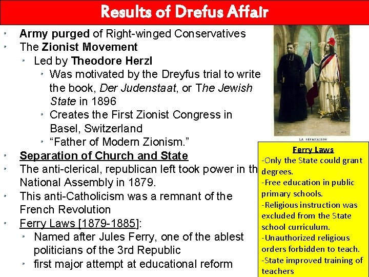 Results of Drefus Affair * * * Army purged of Right-winged Conservatives The Zionist