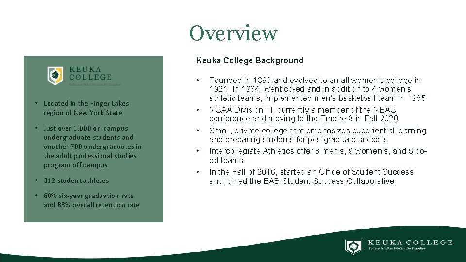 Overview Keuka College Background • • Located in the Finger Lakes region of New