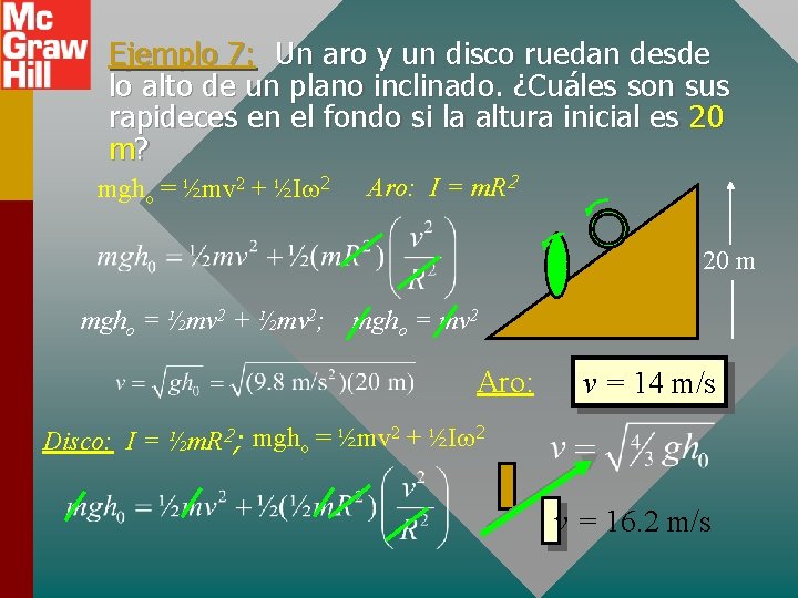 Ejemplo 7: Un aro y un disco ruedan desde lo alto de un plano