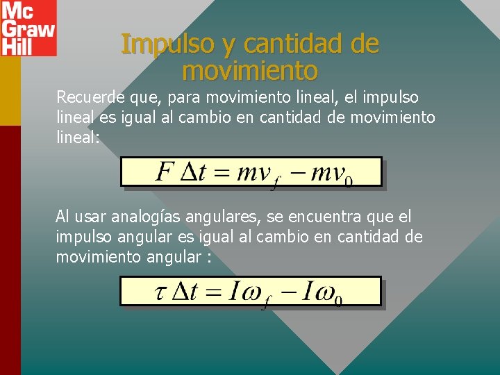 Impulso y cantidad de movimiento Recuerde que, para movimiento lineal, el impulso lineal es