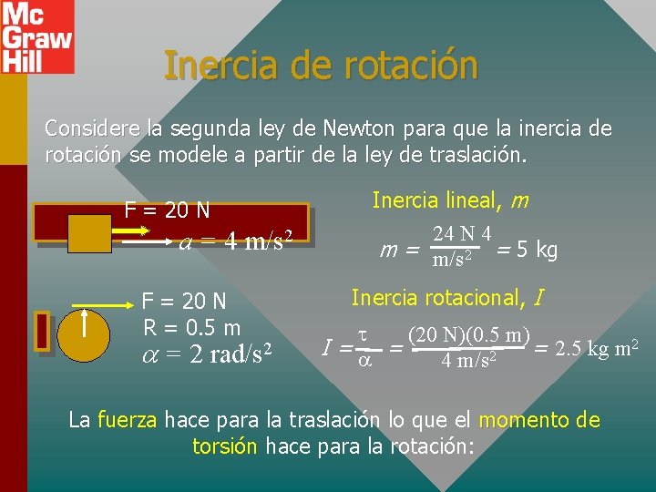 Inercia de rotación Considere la segunda ley de Newton para que la inercia de