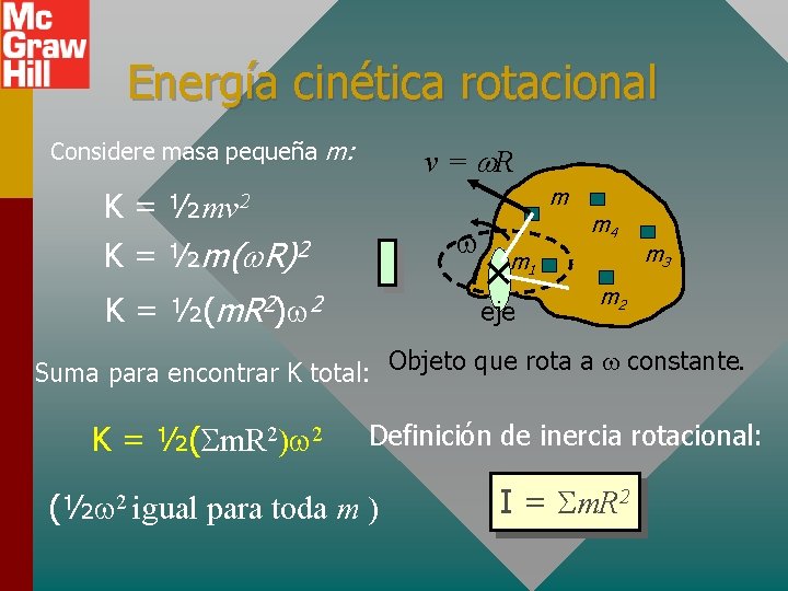 Energía cinética rotacional Considere masa pequeña m: v = R m K = ½mv