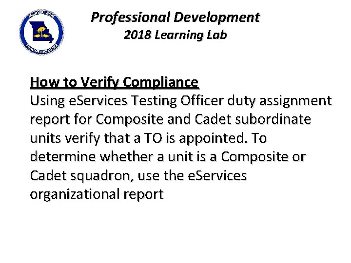 Professional Development 2018 Learning Lab How to Verify Compliance Using e. Services Testing Officer