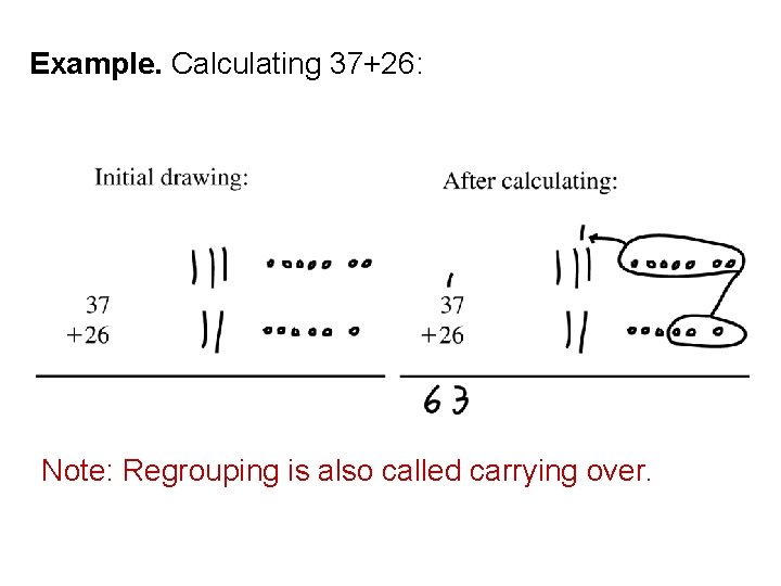 Example. Calculating 37+26: Note: Regrouping is also called carrying over. 