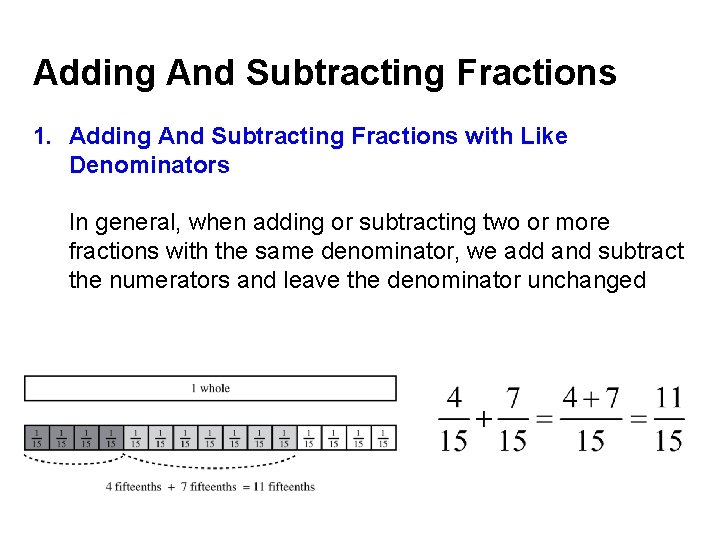 Adding And Subtracting Fractions 1. Adding And Subtracting Fractions with Like Denominators In general,