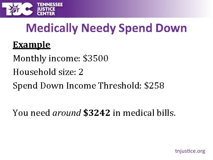 Medically Needy Spend Down Example Monthly income: $3500 Household size: 2 Spend Down Income