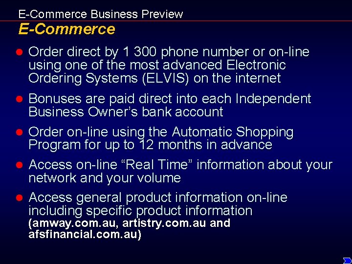 E-Commerce Business Preview E-Commerce l l l Order direct by 1 300 phone number