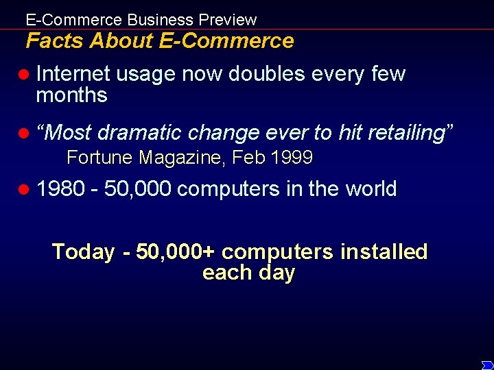 E-Commerce Business Preview Facts About E-Commerce l Internet usage now doubles every few months