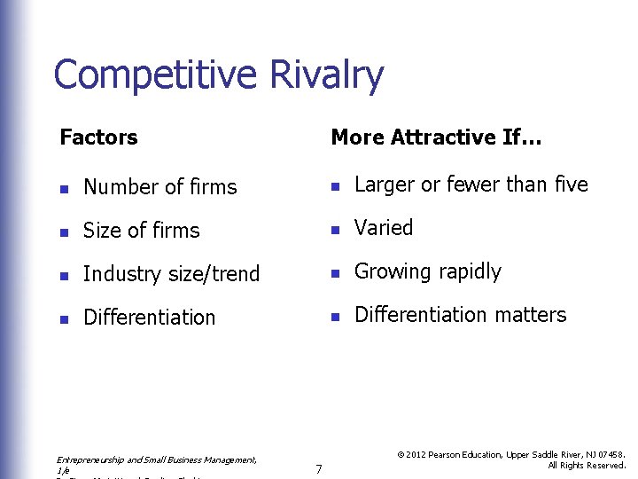 Competitive Rivalry Factors More Attractive If… n Number of firms n Larger or fewer