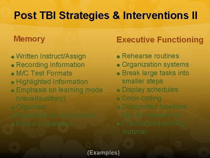 Post TBI Strategies & Interventions II Memory Executive Functioning Written Instruct/Assign Recording Information M/C