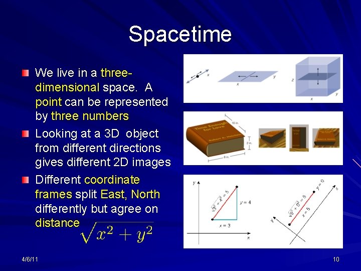 Spacetime We live in a threedimensional space. A point can be represented by three