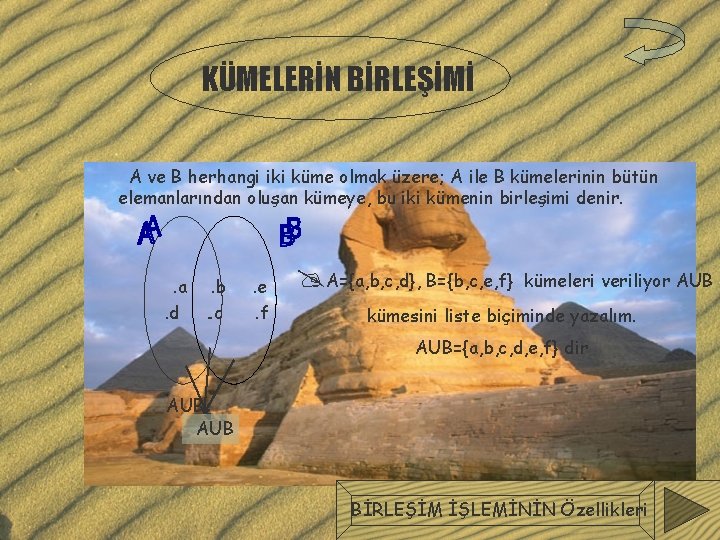 KÜMELERİN BİRLEŞİMİ A ve B herhangi iki küme olmak üzere; A ile B kümelerinin