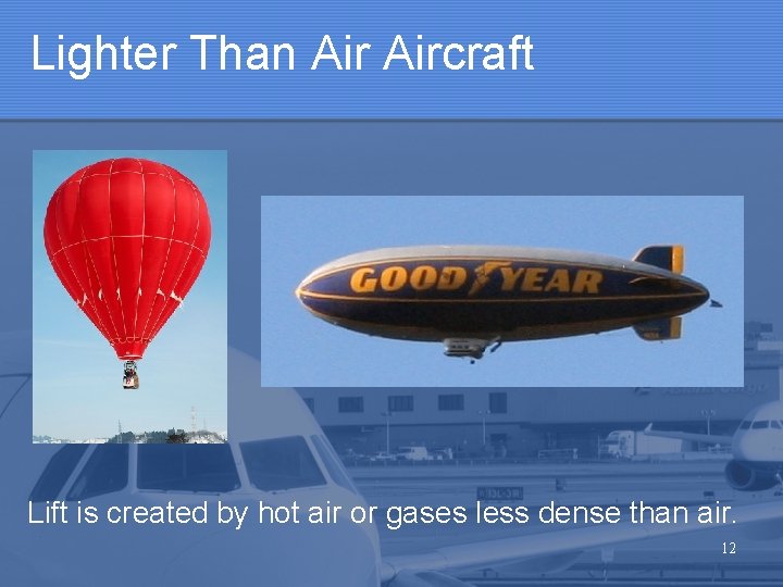 Lighter Than Aircraft Lift is created by hot air or gases less dense than Lighter Than Aircraft Lift is created by hot air or gases less dense than