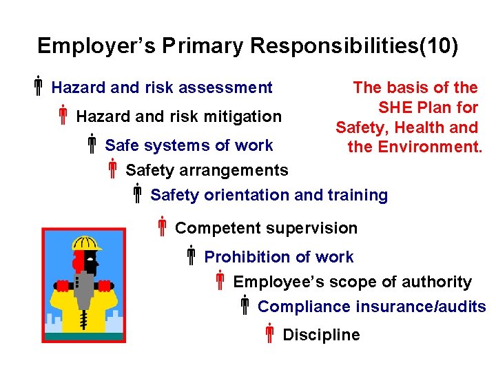 Employer’s Primary Responsibilities(10) Hazard and risk assessment The basis of the SHE Plan for