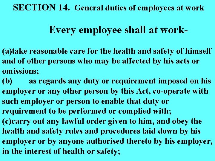 SECTION 14. General duties of employees at work Every employee shall at work(a)take reasonable