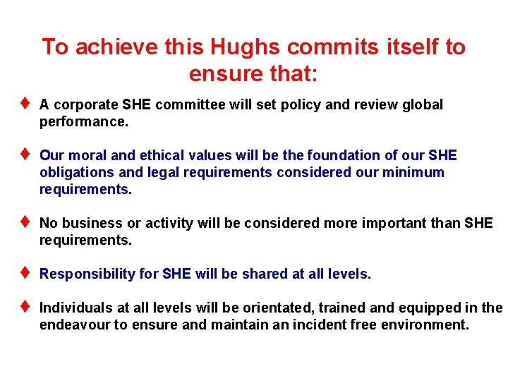 To achieve this Hughs commits itself to ensure that: ¨ A corporate SHE committee