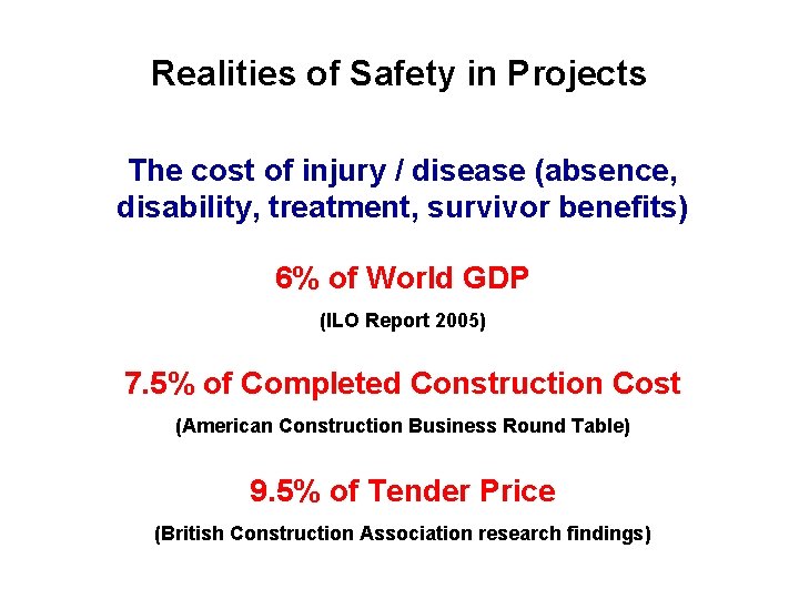 Realities of Safety in Projects The cost of injury / disease (absence, disability, treatment,