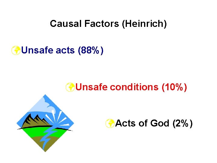 Causal Factors (Heinrich) üUnsafe acts (88%) üUnsafe conditions (10%) üActs of God (2%) 