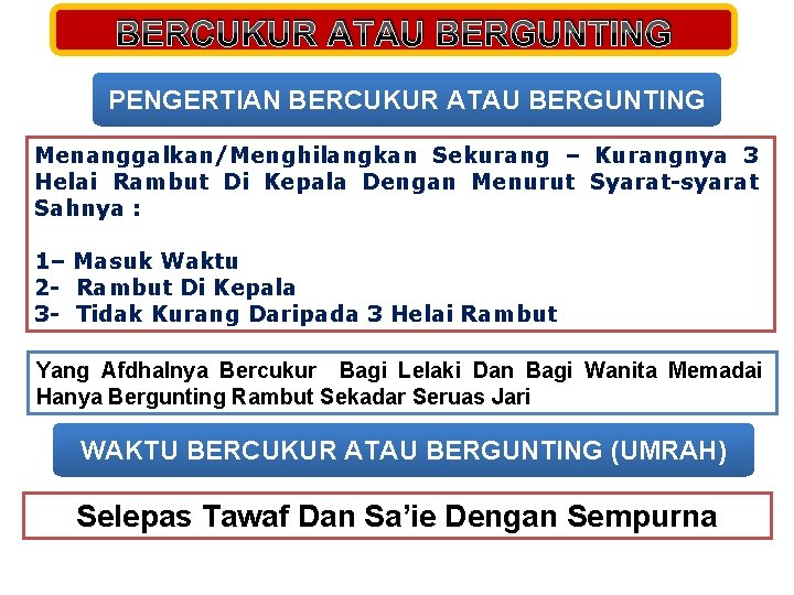 BERCUKUR ATAU BERGUNTING PENGERTIAN BERCUKUR ATAU BERGUNTING Menanggalkan/Menghilangkan Sekurang – Kurangnya 3 Helai Rambut BERCUKUR ATAU BERGUNTING PENGERTIAN BERCUKUR ATAU BERGUNTING Menanggalkan/Menghilangkan Sekurang – Kurangnya 3 Helai Rambut