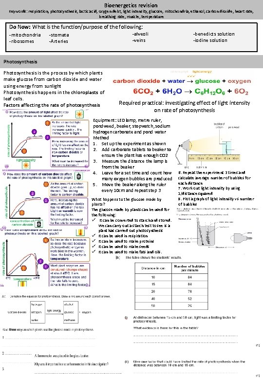 Bioenergetics revision Keywords: respiration, photosynthesis, lactic acid, oxygen debt, light intensity, glucose, mitochondria, ethanol,