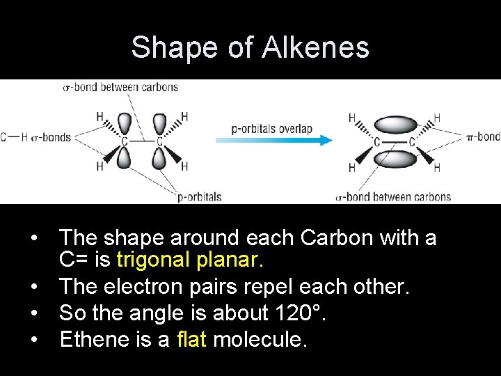 Shape of Alkenes • The shape around each Carbon with a C= is trigonal