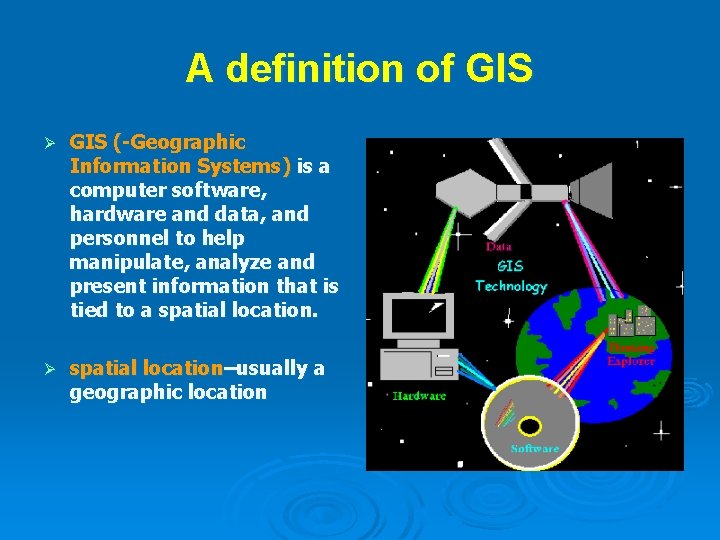 A definition of GIS Ø GIS (-Geographic ( Information Systems) is a computer software, A definition of GIS Ø GIS (-Geographic ( Information Systems) is a computer software,