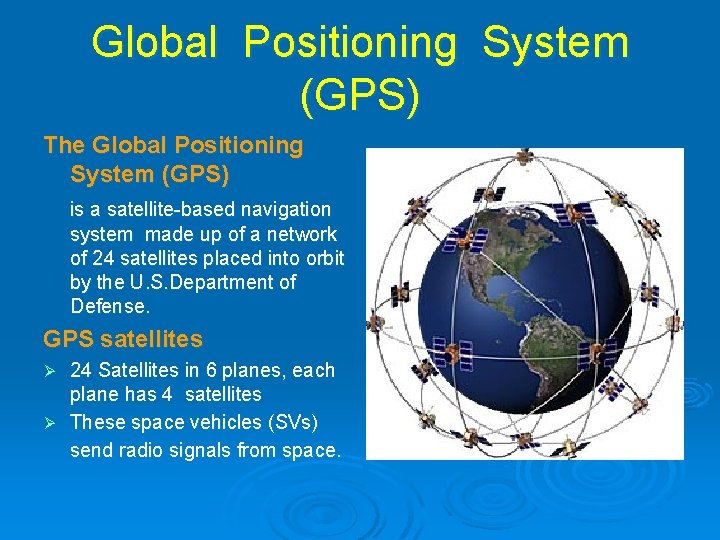 Global Positioning System (GPS) The Global Positioning System (GPS) is a satellite-based navigation system Global Positioning System (GPS) The Global Positioning System (GPS) is a satellite-based navigation system