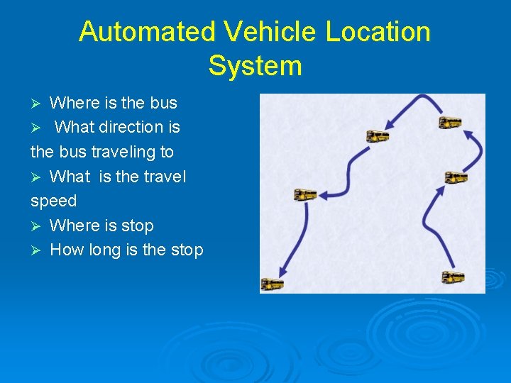 Automated Vehicle Location System Where is the bus Ø What direction is the bus Automated Vehicle Location System Where is the bus Ø What direction is the bus