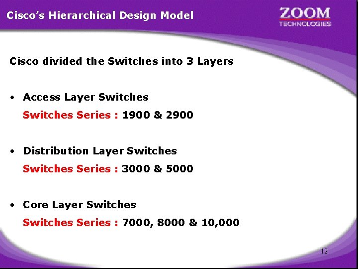 Cisco’s Hierarchical Design Model Cisco divided the Switches into 3 Layers • Access Layer