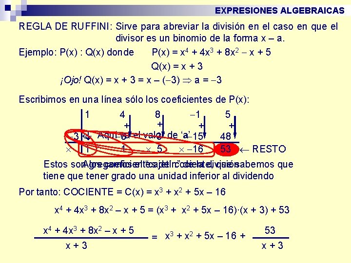 EXPRESIONES ALGEBRAICAS REGLA DE RUFFINI : Sirve para abreviar la división en el caso